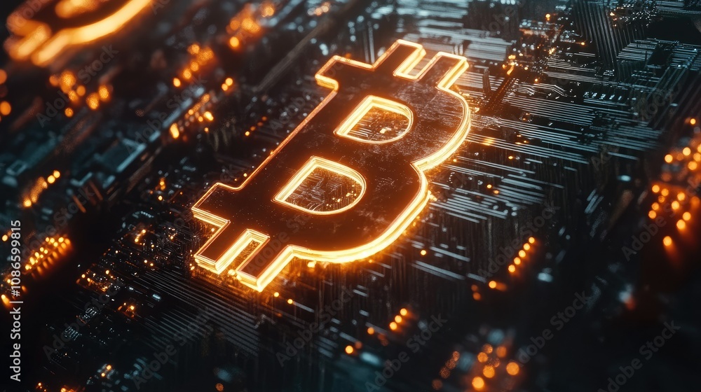 Poster illuminated bitcoin symbol on a high-tech circuit board background showcasing cryptocurrency concept