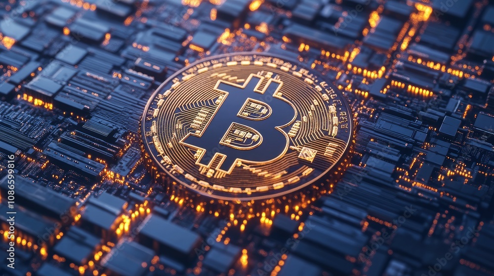Poster detailed close-up of a shiny bitcoin symbol on a glowing circuit board background representing crypt