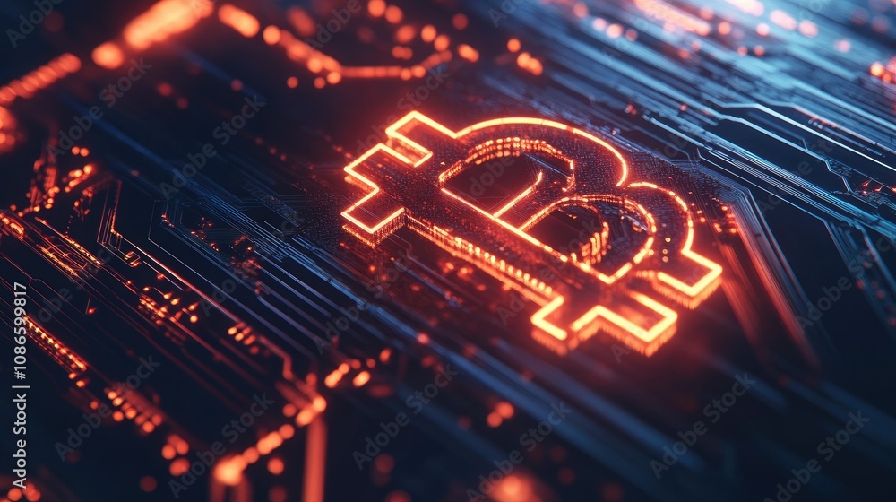 Poster digital representation of cryptocurrency symbol with circuit board design, highlighting the intersec