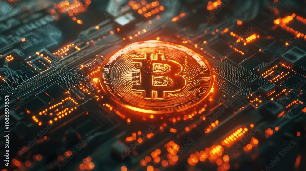Poster High-Definition Bitcoin Cryptocurrency Symbol Over a Futuristic Circuit Board with Glowing Elements Signifying Digital Transactions and Blockchain Technology
