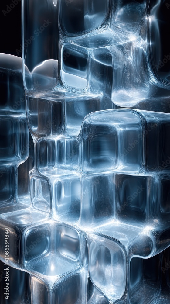 Poster abstract composition of translucent ice blocks with light reflections.