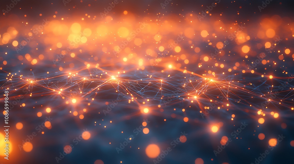 Poster Stunning Abstract Visual of Interconnected Nodes with Glowing Orange Lights Creating a Dynamic Network of Energy and Data in a Futuristic Background