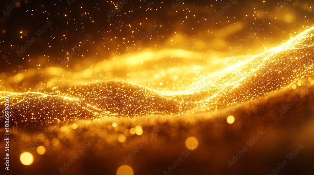 Poster vibrant abstract visual of interconnected nodes with golden light and sparkles creating a dynamic fl