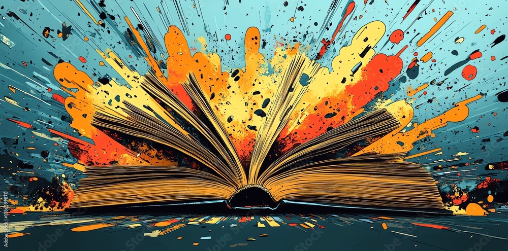 Poster An open book with colorful splashes bursting out of it.