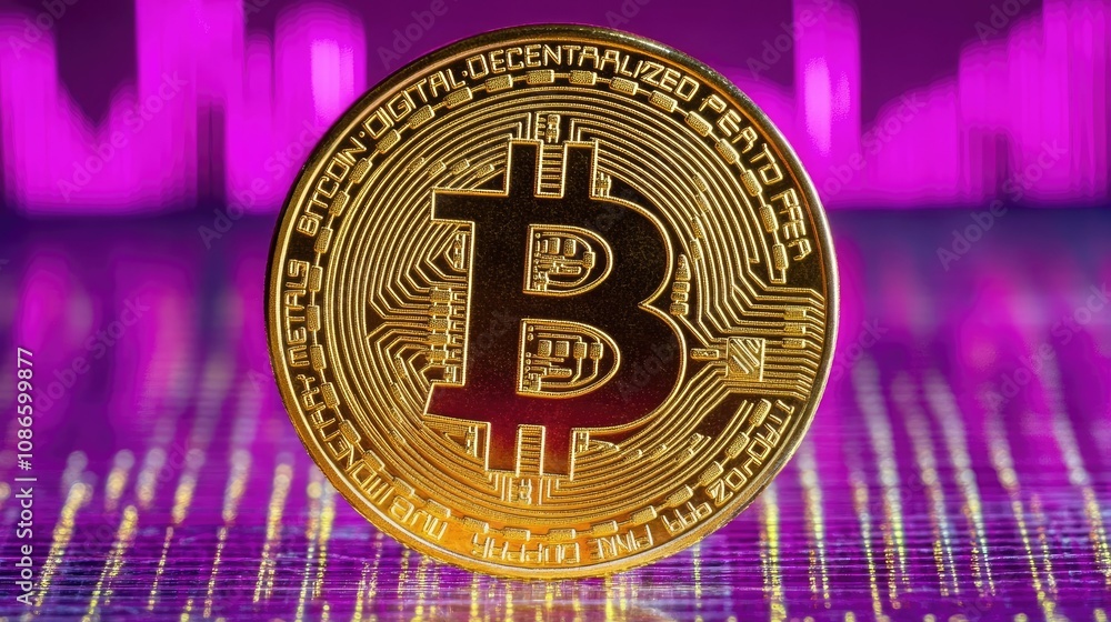 Aufkleber golden bitcoin on a reflective surface with abstract colorful background representing cryptocurrency