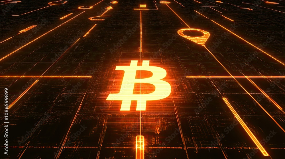 Poster futuristic digital concept representing bitcoin in an orange glowing network with geometric lines an