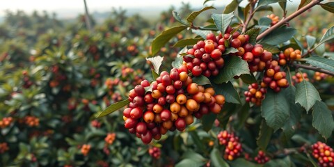 Obraz premium Aerial view of a coffee farm with clusters of ripe coffee cherries, rural charm, rolling hills