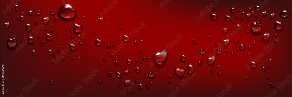 Poster clear droplets scattered on smooth maroon surface. liquid beads reflect light creating glossy spheri