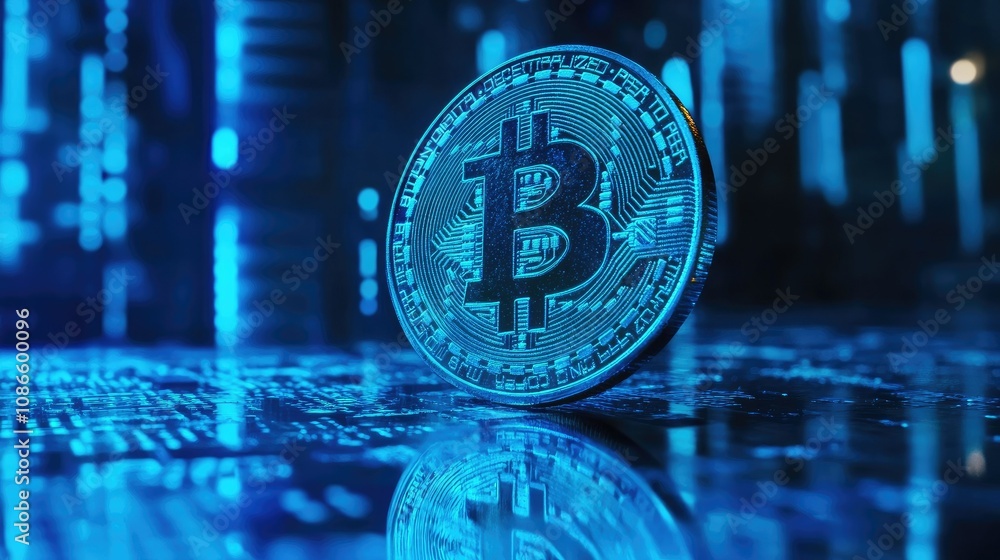 Aufkleber digital bitcoin cryptocurrency coin in a high-tech environment with neon blue lights and data elemen