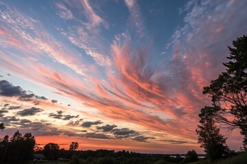 Fototapeta premium A kaleidoscope of colors paint the evening sky as clouds morph into wispy shapes and hues of coral and salmon take center stage, landscape photography, roadside scenery