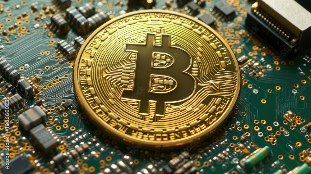 Poster close-up view of bitcoin cryptocurrency coin on a complex circuit board background, highlighting tec