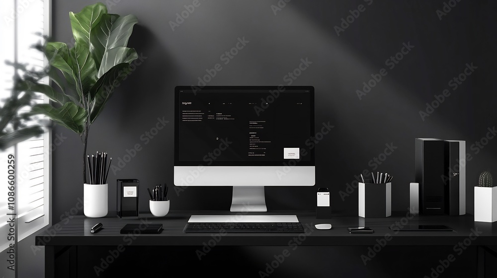 Poster sleek black and white minimal professional desk setup with digital display mockup template
