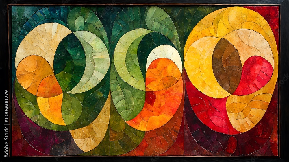 Poster abstract composition featuring flowing shapes in vibrant colors creating visual harmony and dynamic 