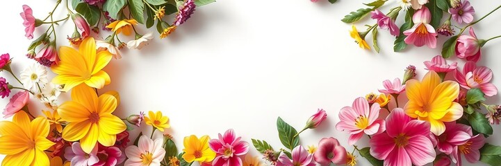 Fototapeta premium A lush flower border encircles a crisp white sheet of paper, flower frame, gentle curves, paper background