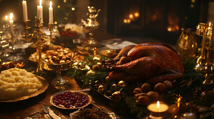 A festive holiday spread with roasted chestnuts, cranberry sauce, mashed potatoes, and a golden roast turkey.
