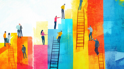 Abstract Collage of Employees Climbing Colorful Ladders to Reach Floating Goals, Symbolizing Ambition and Career Progress 
