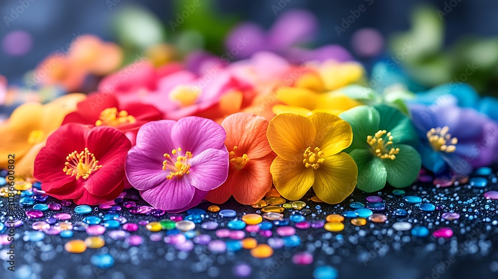 Poster vibrant abstract composition of jagged geometric shapes and colorful floral elements on a shimmering