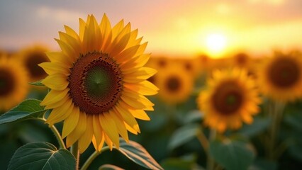 Obraz premium Sunflower field at sunset, close-up sunflower, yellow