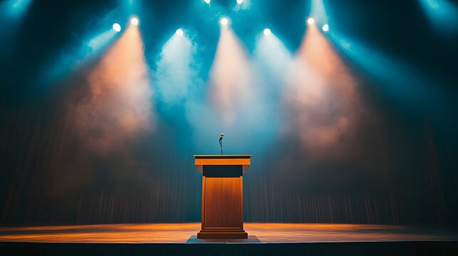 3. A podium at the center of a stage, with dramatic spotlights shining down on it for a public speaking event