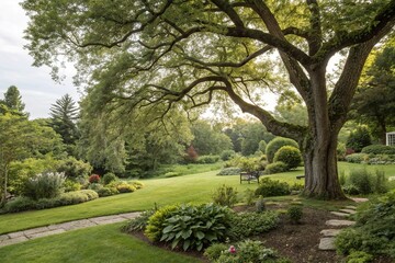 Naklejka premium A serene and idyllic garden scene with a large tree and lush greenery, spring, garden, natural scenery, sunny