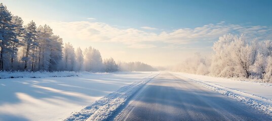 Beautiful winter landscape with an asphalt road and trees covered in snow against a blue sky background 
