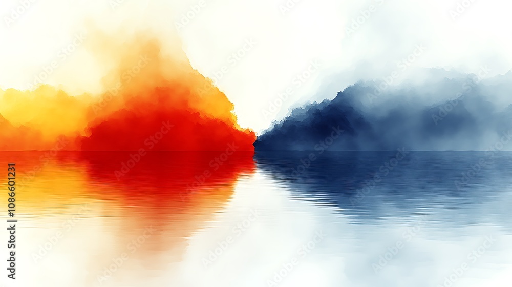 Poster abstract landscape with oversized colorful elements merging in a harmonious blend of warm and cool t