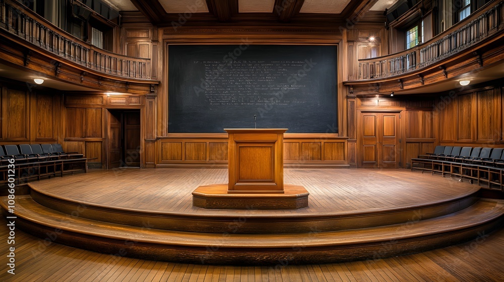 Aufkleber 4. a podium in a lecture hall, with rows of seats and a chalkboard in the background