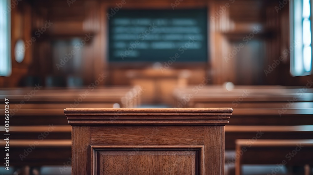 Poster 4. a podium in a lecture hall, with rows of seats and a chalkboard in the background