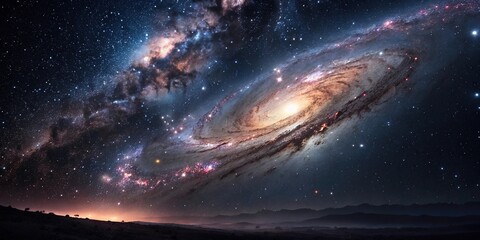 Obraz premium A serene galaxy landscape with shimmering stars, vibrant nebulae, and a majestic black hole at its center, astronomy, space, nuclear fusion