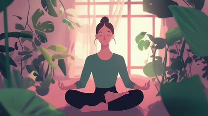 Peaceful Meditation Amid Indoor Greenery in Minimalist Style