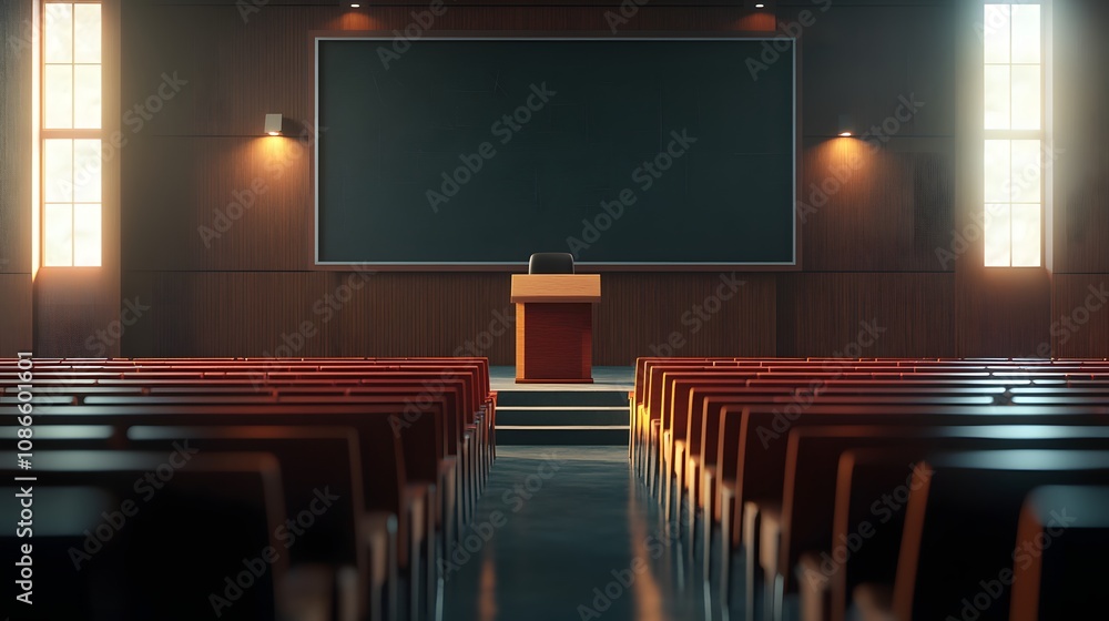 Aufkleber 4. a podium in a lecture hall, with rows of seats and a chalkboard in the background