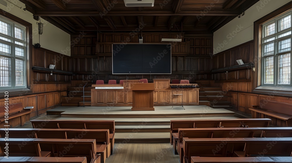 Poster 4. a podium in a lecture hall, with rows of seats and a chalkboard in the background