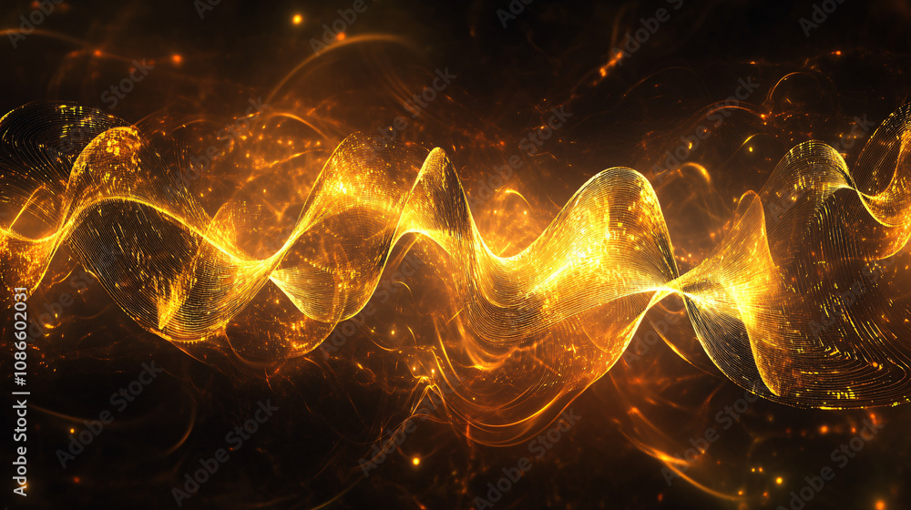 Poster abstract fractal design with golden sound waves, symbolizing harmony and mathematical precision in a
