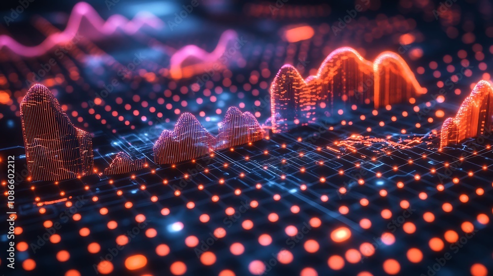Poster abstract representation of a vibrant city skyline with colorful data visualizations and dynamic grap