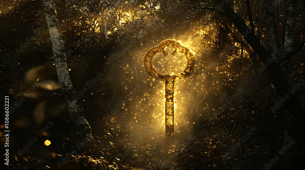 Poster abstract golden key floating in a misty forest, light pouring from it and casting intricate patterns