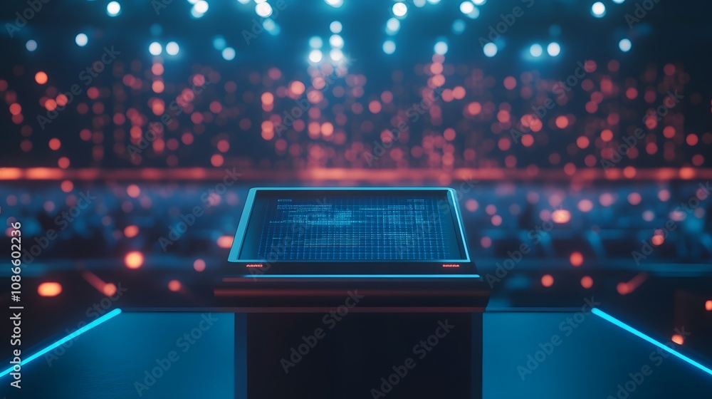 Poster 6. a podium with a digital display in front of a futuristic tech conference