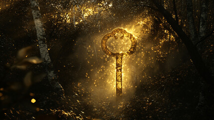 Obraz premium Abstract golden key floating in a misty forest, light pouring from it and casting intricate patterns on the trees. 