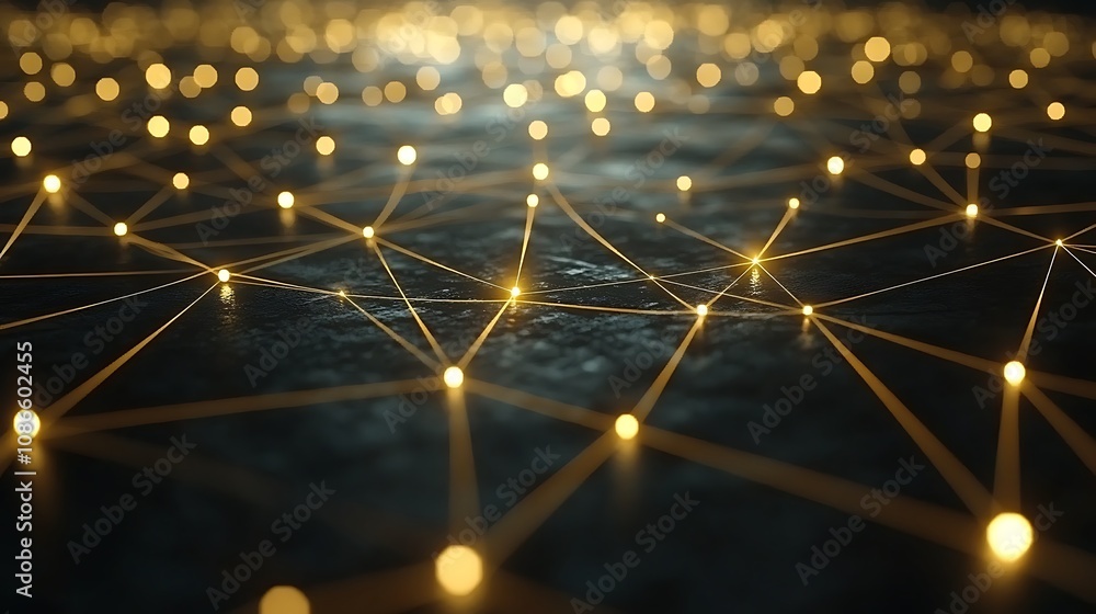 Poster abstract representation of a network with illuminated nodes and intricate connections on a dark back