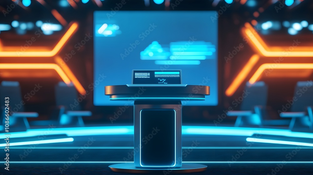Poster 6. a podium with a digital display in front of a futuristic tech conference