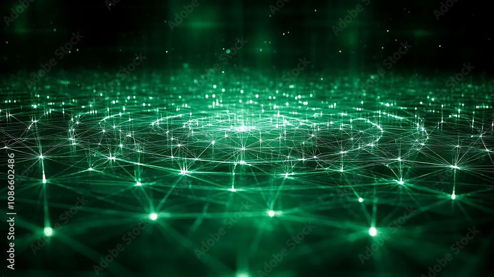 Poster abstract representation of a digital network in neon green, showcasing connections and data flow in 