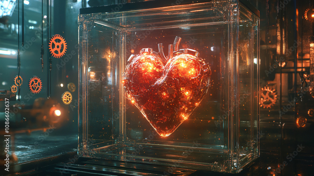 Poster abstract mechanical heart beating in a glass box, surrounded by floating gears and glowing light pat