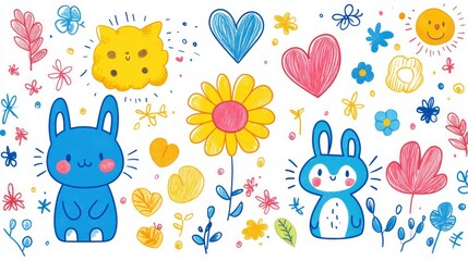 Obraz premium A colorful illustration of a bunny, a sun, flowers, and hearts.