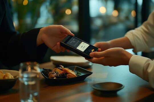 Waiter presenting a portable card reader to a customer at a restaurant table for smooth checkout
