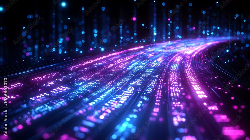 Poster abstract representation of binary code morphing through a colorful digital landscape with vibrant bl