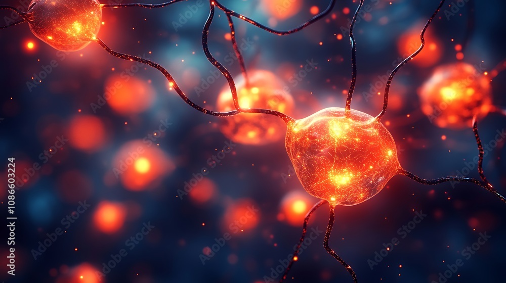 Poster abstract representation of data flow with illuminated neurons in a dark background, highlighting con