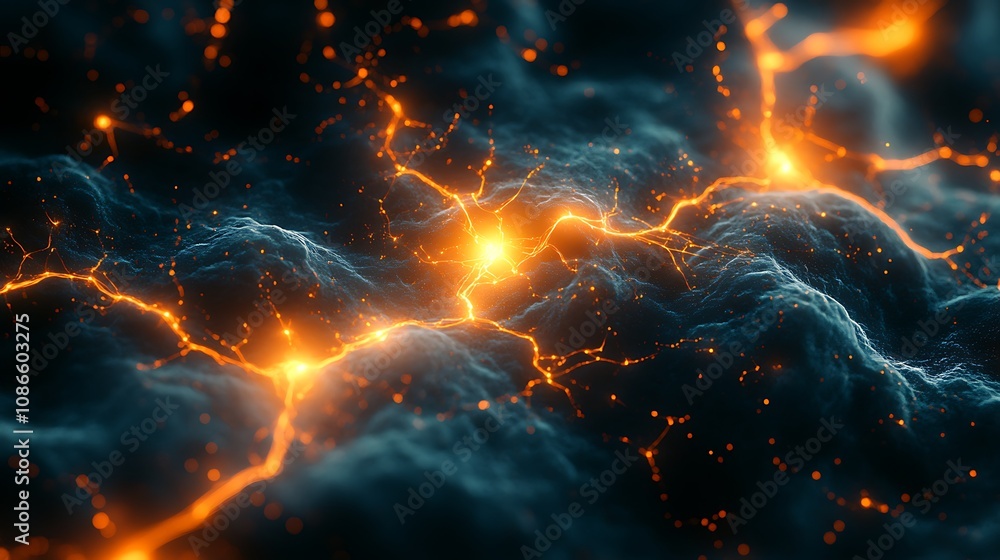 Poster abstract representation of data flow with glowing lines and particles, depicting dynamic movement an