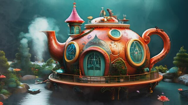 Enchanted forest house with glowing windows and lush greenery in a magical woodland seamless looping time-lapse 4k video background