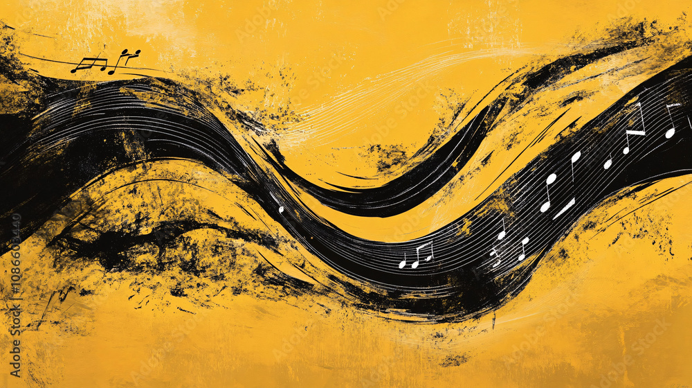 Poster abstract yellow and black wave pattern intertwined with musical notes, representing the fusion of so