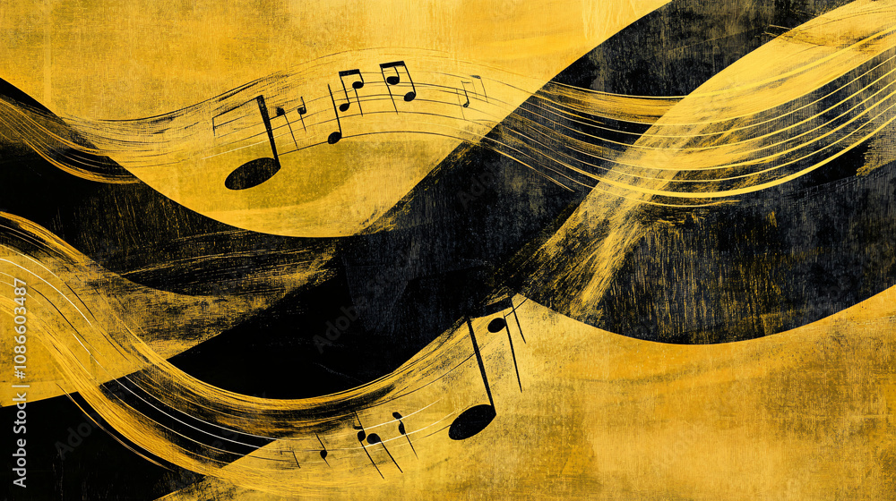 Poster abstract yellow and black wave pattern intertwined with musical notes, representing the fusion of so