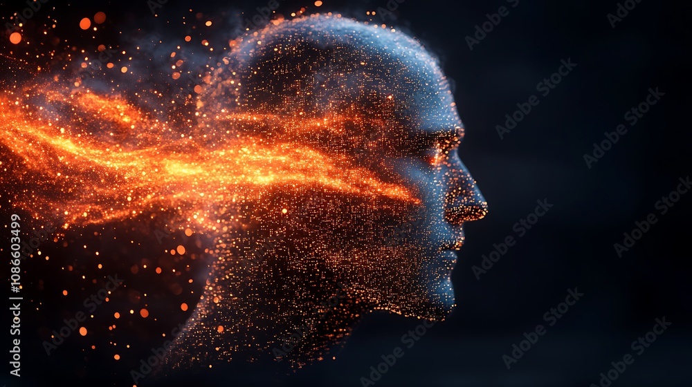 Poster abstract representation of human emotions featuring a profile of a shimmering face with vibrant part